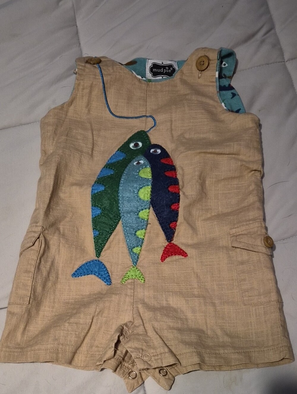 Mud Pie Tan Romper with Colorful Fish Appliqués